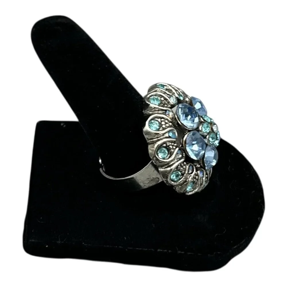 Blue Rhinestone Floral Cocktail Ring Adjustable Silver Tone